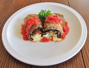 Fried eggplant stuffed with ricotta and mozzarella baked in the oven with marinara sauce.